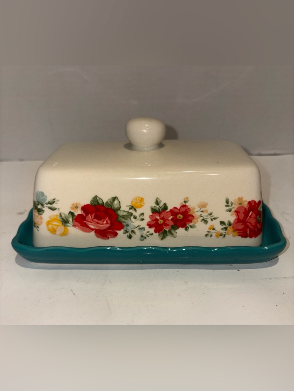 The Pioneer Woman Cream Floral Butter Dish with Teal Base